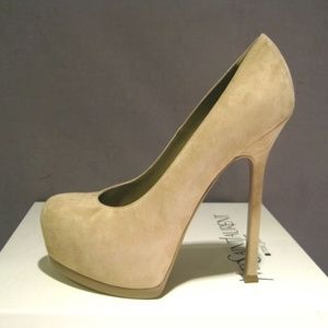 YSL Yves Saint Laurent Tribtoo Nude Suede 105 Pumps Shoes Heels 39.5 9.5 $795
